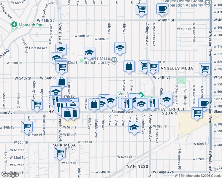 map of restaurants, bars, coffee shops, grocery stores, and more near 5442 6th Avenue in Los Angeles