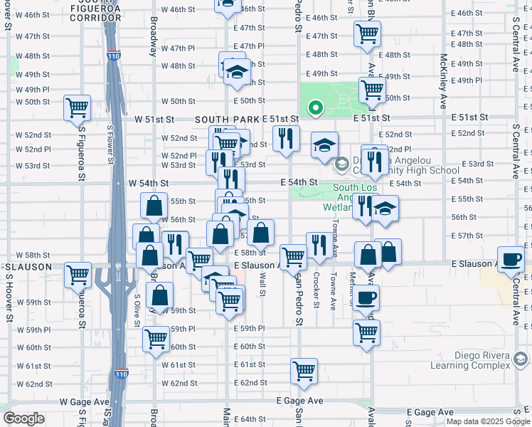 map of restaurants, bars, coffee shops, grocery stores, and more near 203 56th Street in Los Angeles
