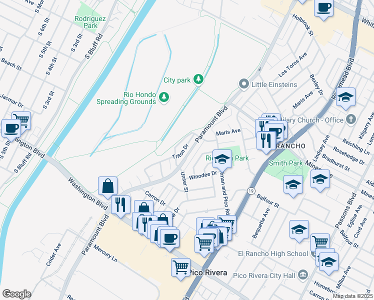 map of restaurants, bars, coffee shops, grocery stores, and more near 6342 Paramount Boulevard in Pico Rivera