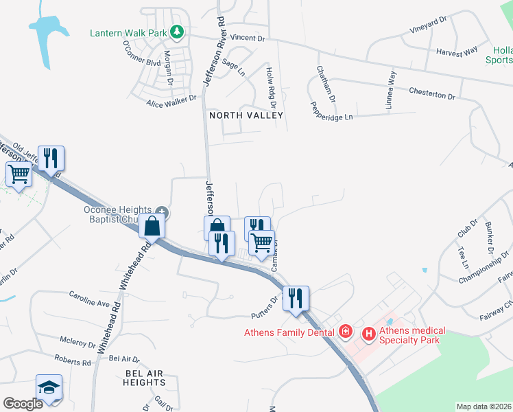 map of restaurants, bars, coffee shops, grocery stores, and more near 240 Camak Drive in Athens