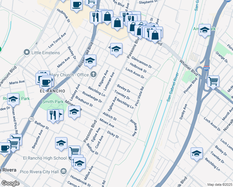 map of restaurants, bars, coffee shops, grocery stores, and more near 5503 Eglise Avenue in Pico Rivera