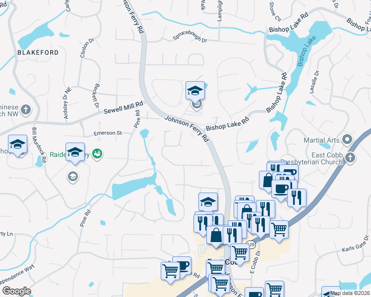 map of restaurants, bars, coffee shops, grocery stores, and more near 1608 Old Hunters Trce in Marietta