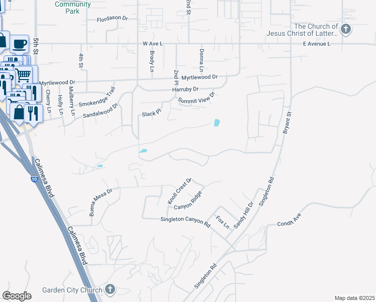 map of restaurants, bars, coffee shops, grocery stores, and more near 245 Country Club Drive in Calimesa