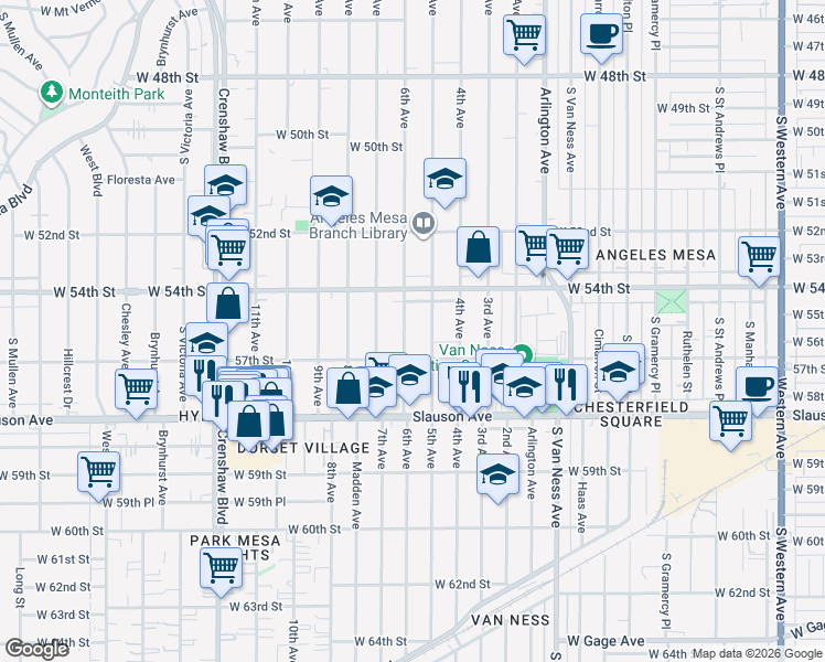 map of restaurants, bars, coffee shops, grocery stores, and more near 5442 6th Avenue in Los Angeles
