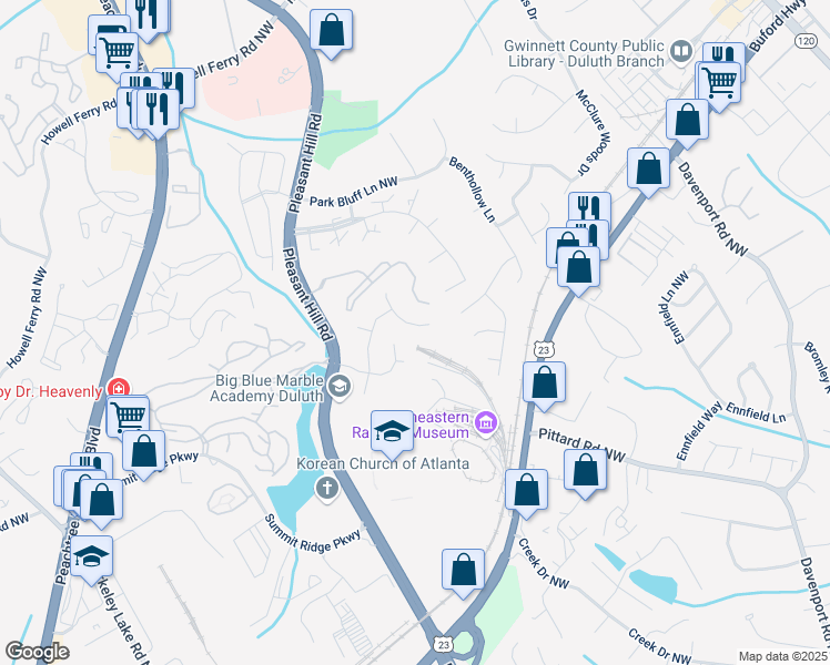 map of restaurants, bars, coffee shops, grocery stores, and more near 3434 Palisade Cove Dr in Duluth