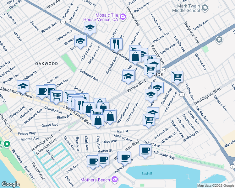 map of restaurants, bars, coffee shops, grocery stores, and more near 717 Venice Boulevard in Los Angeles