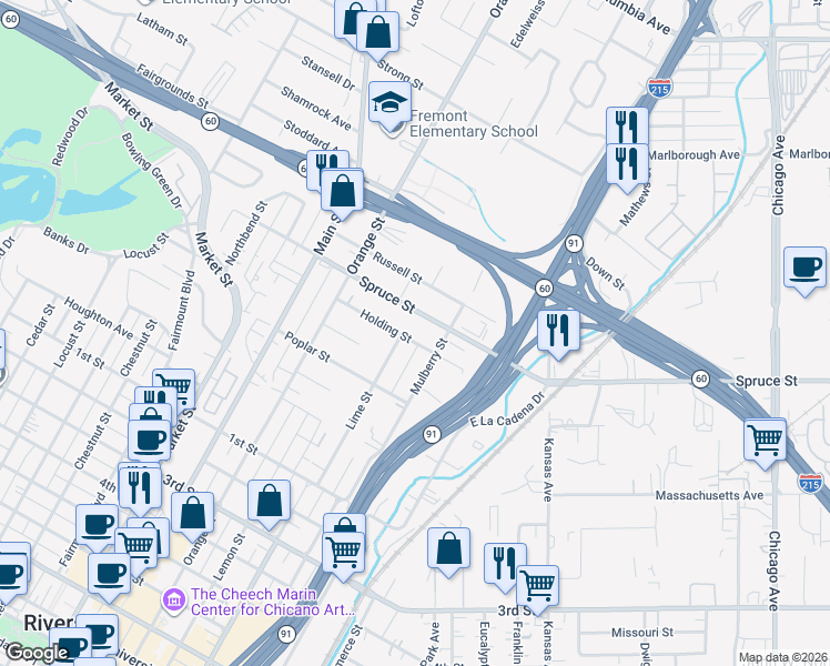 map of restaurants, bars, coffee shops, grocery stores, and more near 2526 Lime Street in Riverside