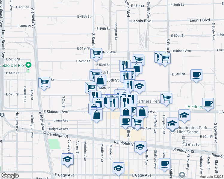 map of restaurants, bars, coffee shops, grocery stores, and more near 2523 East 57th Street in Huntington Park