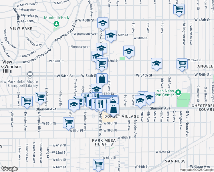 map of restaurants, bars, coffee shops, grocery stores, and more near 5443 11th Avenue in Los Angeles