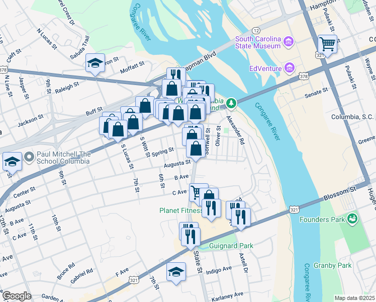 map of restaurants, bars, coffee shops, grocery stores, and more near 315 Shuler Street in West Columbia