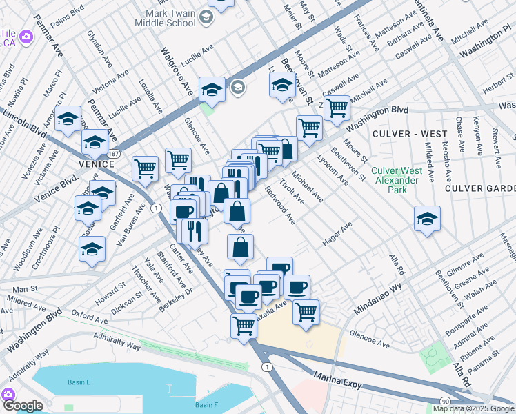 map of restaurants, bars, coffee shops, grocery stores, and more near 13352 Beach Avenue in Marina del Rey