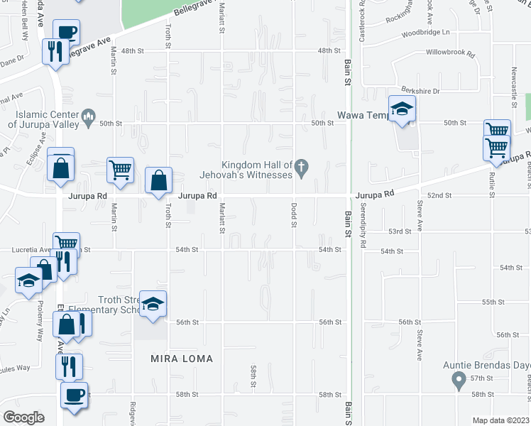 map of restaurants, bars, coffee shops, grocery stores, and more near 10382 Jurupa Road in Jurupa Valley