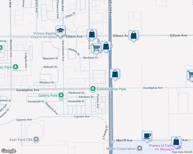 map of restaurants, bars, coffee shops, grocery stores, and more near 6956 Dublin Drive in Chino