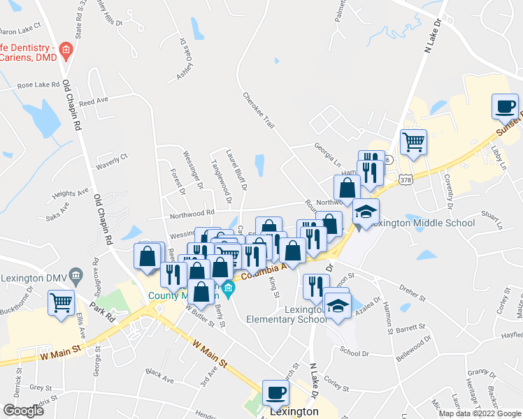 map of restaurants, bars, coffee shops, grocery stores, and more near 520 Northwood Road in Lexington