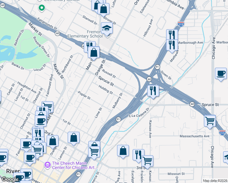 map of restaurants, bars, coffee shops, grocery stores, and more near 2526 Lime Street in Riverside