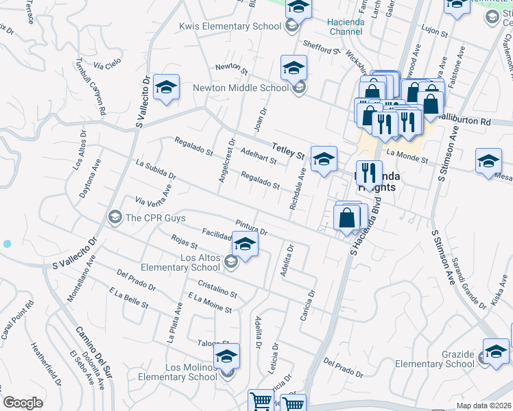 map of restaurants, bars, coffee shops, grocery stores, and more near 15590 La Subida Drive in Hacienda Heights