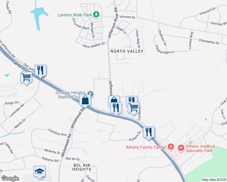 map of restaurants, bars, coffee shops, grocery stores, and more near 160 Jefferson River Road in Athens