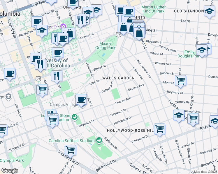map of restaurants, bars, coffee shops, grocery stores, and more near 1701 Catawba Street in Columbia