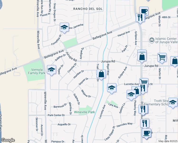 map of restaurants, bars, coffee shops, grocery stores, and more near 11428 Humber Drive in Jurupa Valley