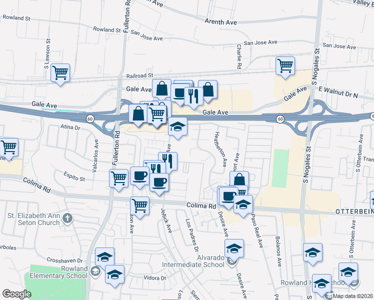 map of restaurants, bars, coffee shops, grocery stores, and more near 18610 Trot Avenue in Rowland Heights