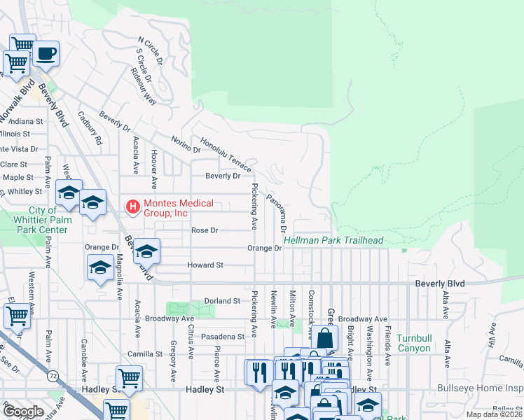 map of restaurants, bars, coffee shops, grocery stores, and more near 5660 Pickering Avenue in Whittier