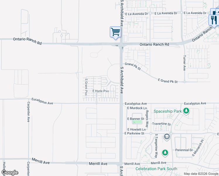 map of restaurants, bars, coffee shops, grocery stores, and more near 2605 East Hyde Paseo in Ontario