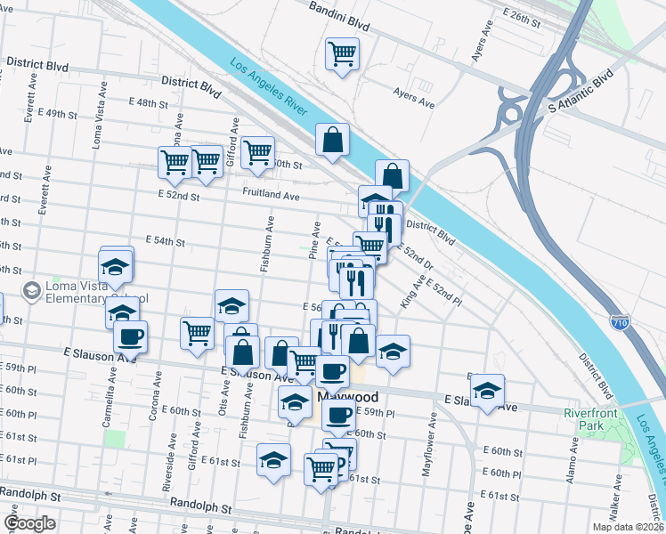 map of restaurants, bars, coffee shops, grocery stores, and more near 4426 East 54th Street in Maywood