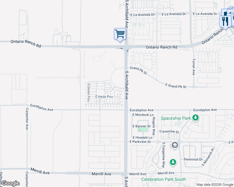 map of restaurants, bars, coffee shops, grocery stores, and more near 2647 East Hyde Paseo in Ontario