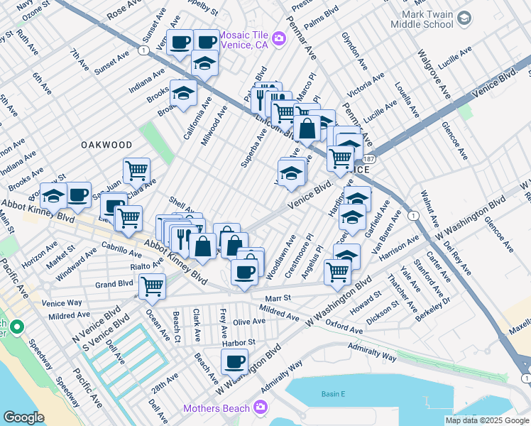 map of restaurants, bars, coffee shops, grocery stores, and more near 717 Venice Boulevard in Los Angeles