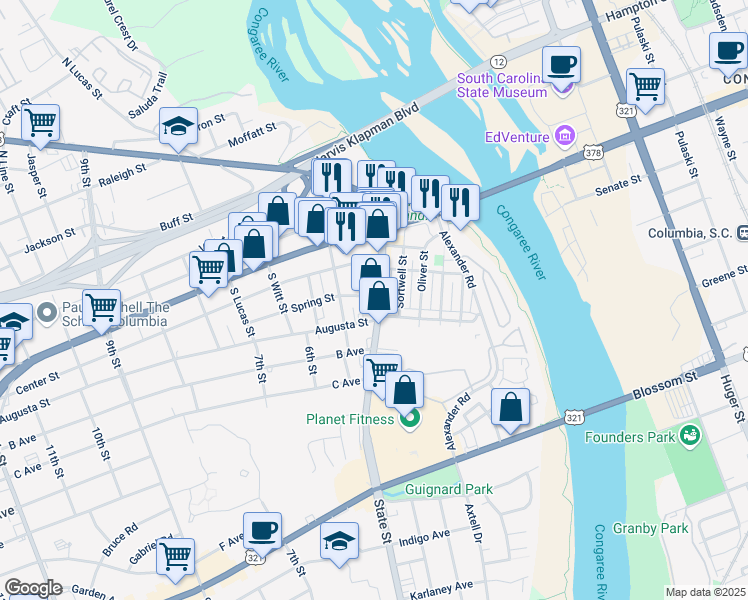 map of restaurants, bars, coffee shops, grocery stores, and more near in West Columbia