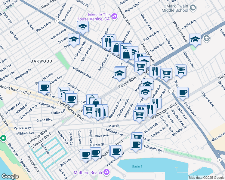 map of restaurants, bars, coffee shops, grocery stores, and more near Venice Boulevard & Oakwood Avenue in Los Angeles