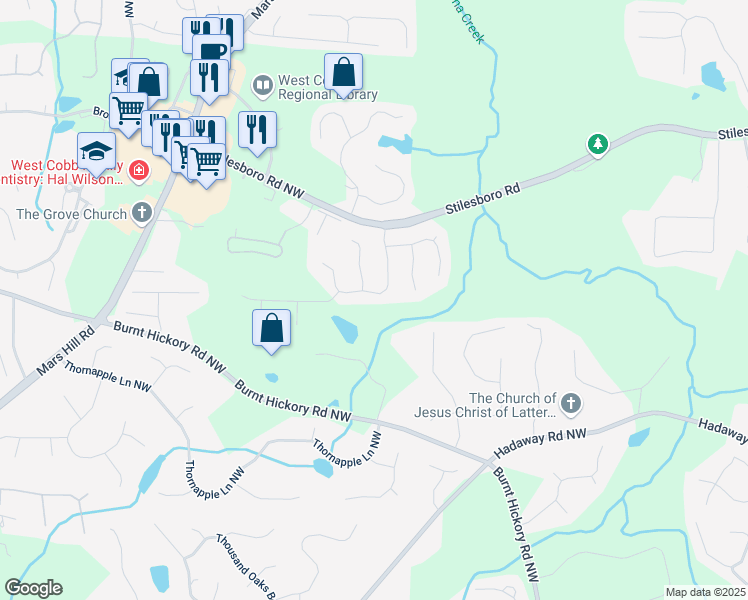 map of restaurants, bars, coffee shops, grocery stores, and more near 1758 Rose Hedge Way Northwest in Kennesaw