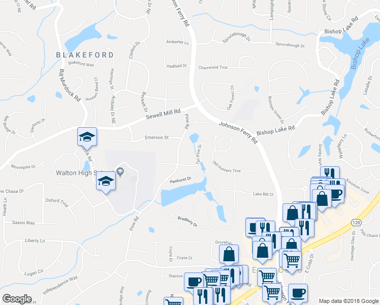 map of restaurants, bars, coffee shops, grocery stores, and more near 4009 Tall Pine Drive in Marietta