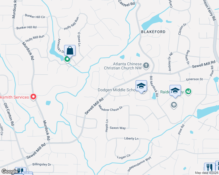 map of restaurants, bars, coffee shops, grocery stores, and more near 1623 Wakefield Place in Marietta