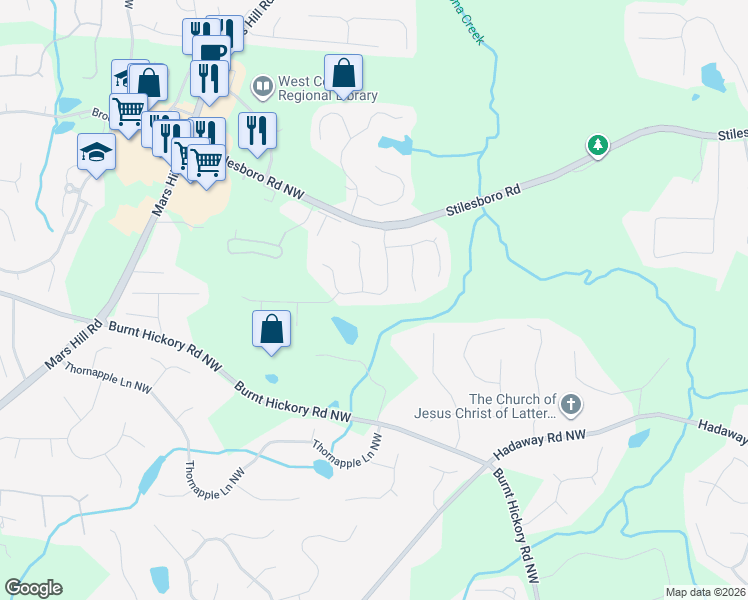 map of restaurants, bars, coffee shops, grocery stores, and more near 1758 Rose Hedge Way Northwest in Kennesaw