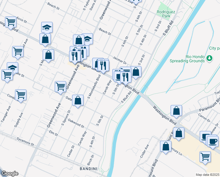 map of restaurants, bars, coffee shops, grocery stores, and more near 1032 Carob Way in Montebello