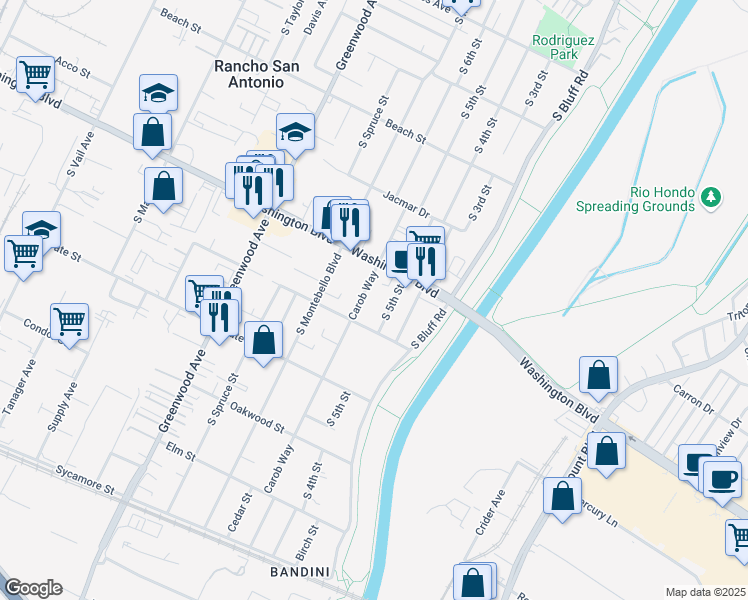 map of restaurants, bars, coffee shops, grocery stores, and more near 1037 South 5th Street in Montebello