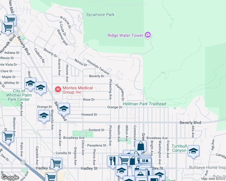 map of restaurants, bars, coffee shops, grocery stores, and more near 5660 Pickering Avenue in Whittier