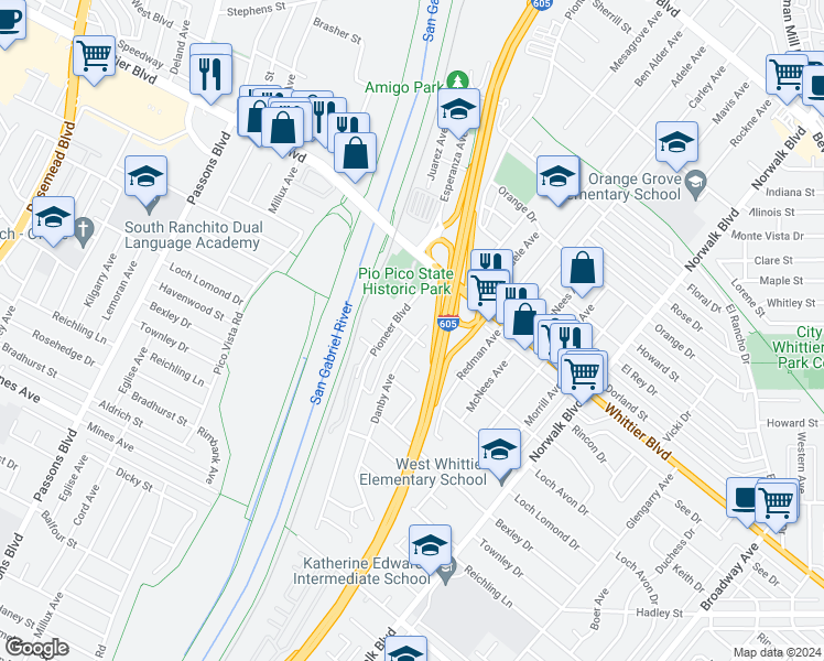map of restaurants, bars, coffee shops, grocery stores, and more near 6209 Danby Avenue in Whittier