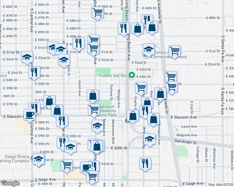 map of restaurants, bars, coffee shops, grocery stores, and more near 5549 Morgan Avenue in Los Angeles