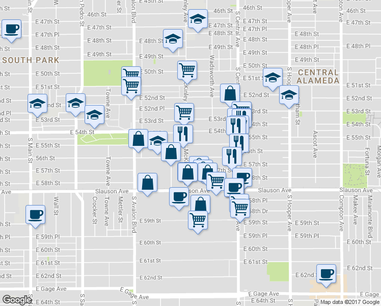 map of restaurants, bars, coffee shops, grocery stores, and more near 927 56th Street in Los Angeles