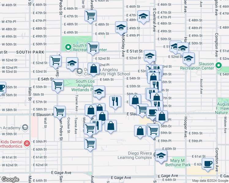 map of restaurants, bars, coffee shops, grocery stores, and more near 743 East 56th Street in Los Angeles