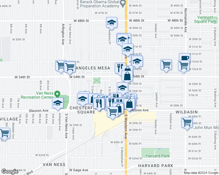 map of restaurants, bars, coffee shops, grocery stores, and more near 5526 South Saint Andrews Place in Los Angeles
