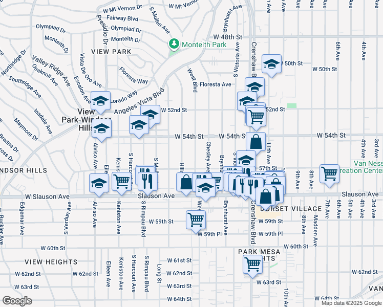 map of restaurants, bars, coffee shops, grocery stores, and more near 5454 Hillcrest Drive in Los Angeles