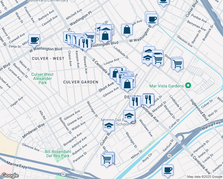 map of restaurants, bars, coffee shops, grocery stores, and more near 12441 Greene Avenue in Los Angeles