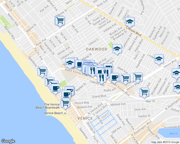 map of restaurants, bars, coffee shops, grocery stores, and more near 1237 Abbot Kinney Boulevard in Los Angeles