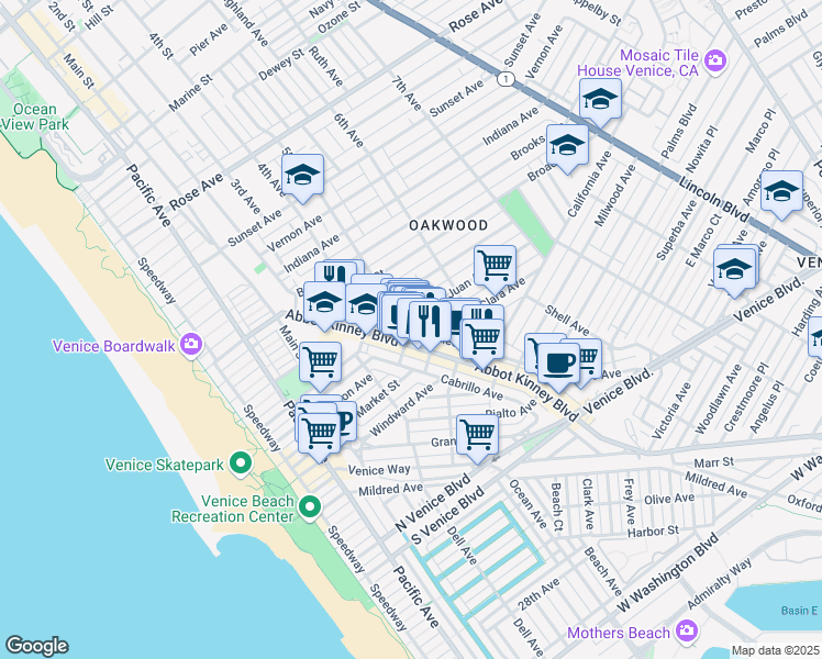 map of restaurants, bars, coffee shops, grocery stores, and more near 1205 Abbot Kinney Boulevard in Los Angeles