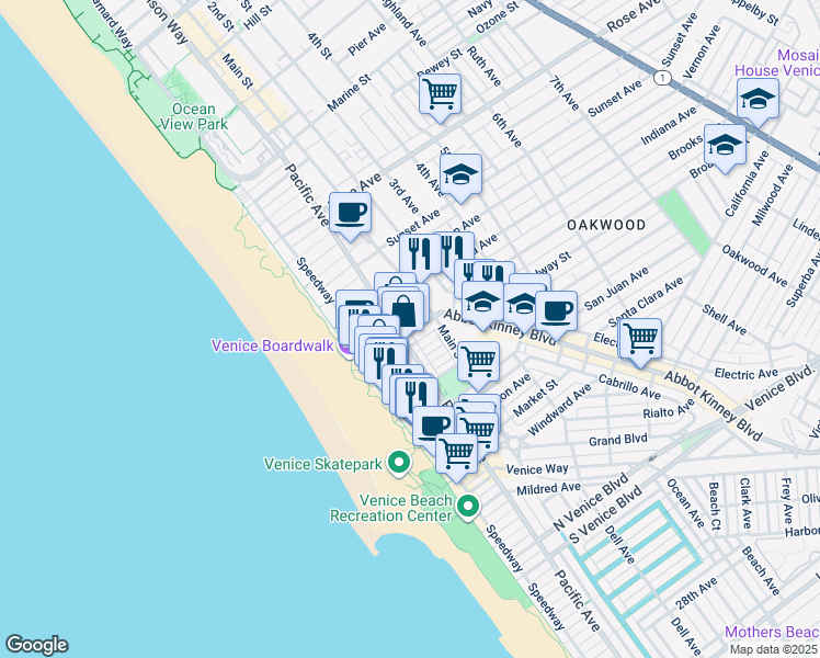 map of restaurants, bars, coffee shops, grocery stores, and more near 115 Breeze Avenue in Los Angeles