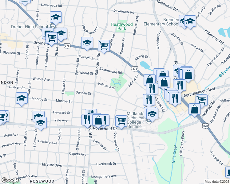 map of restaurants, bars, coffee shops, grocery stores, and more near 3942 Wilmot Avenue in Columbia