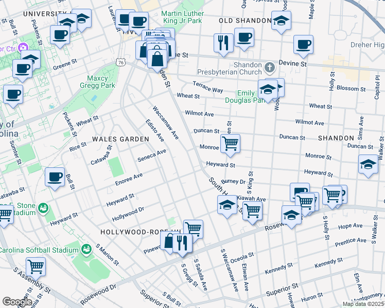 map of restaurants, bars, coffee shops, grocery stores, and more near 127 Waccamaw Avenue in Columbia